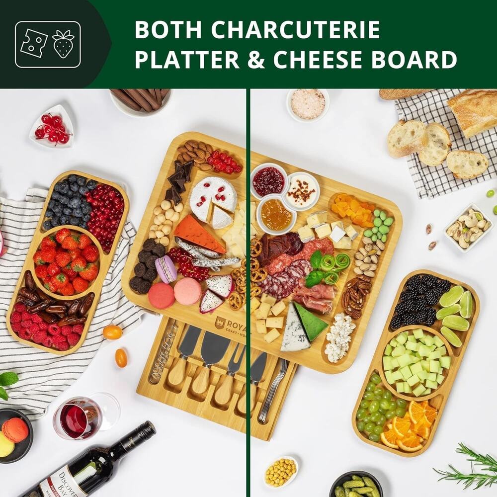 ROYAL CRAFT WOOD Bamboo Cheese Board and Knife Set with Charcuterie Board & Serv - Picture 4 of 6